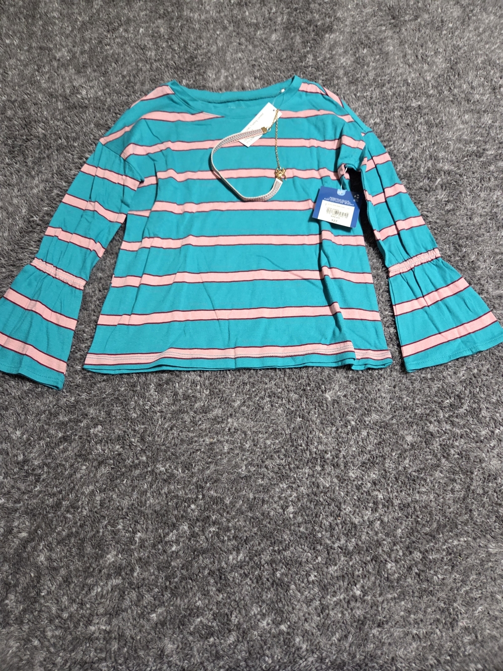 Arizona Jean Company Teal and Pink Striped Bell-Sleeve Top W/ Matching Necklace